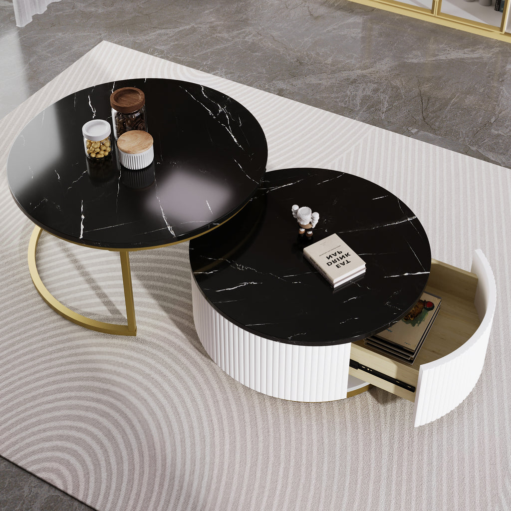 Modern Round Nesting Coffee Table Fluted with Drawer in Black & Gold in 27.6'