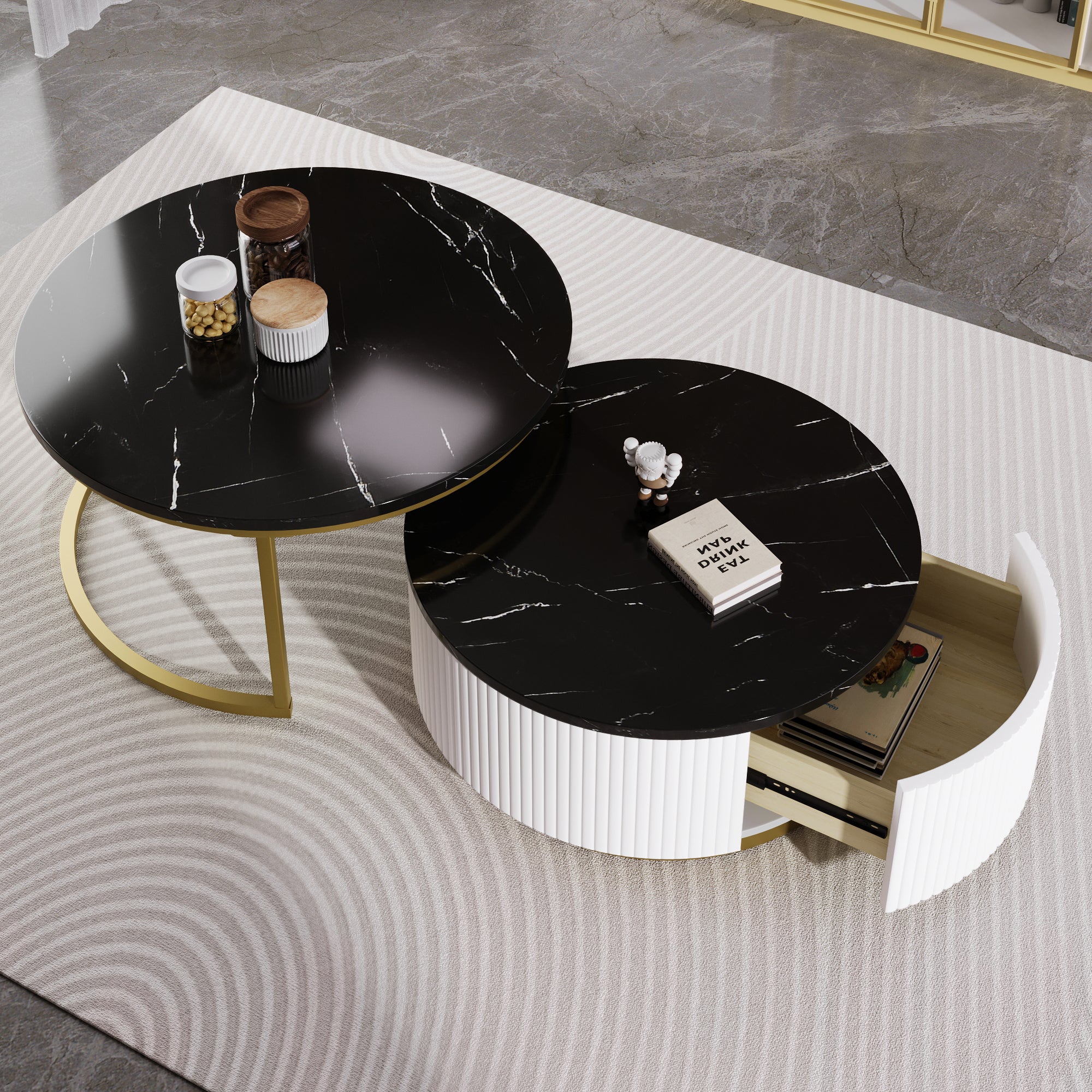 Modern Round Nesting Coffee Table Fluted with Drawer in Black & Gold in 27.6'
