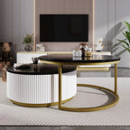 Modern Round Nesting Coffee Table Fluted with Drawer in Black & Gold in 27.6'