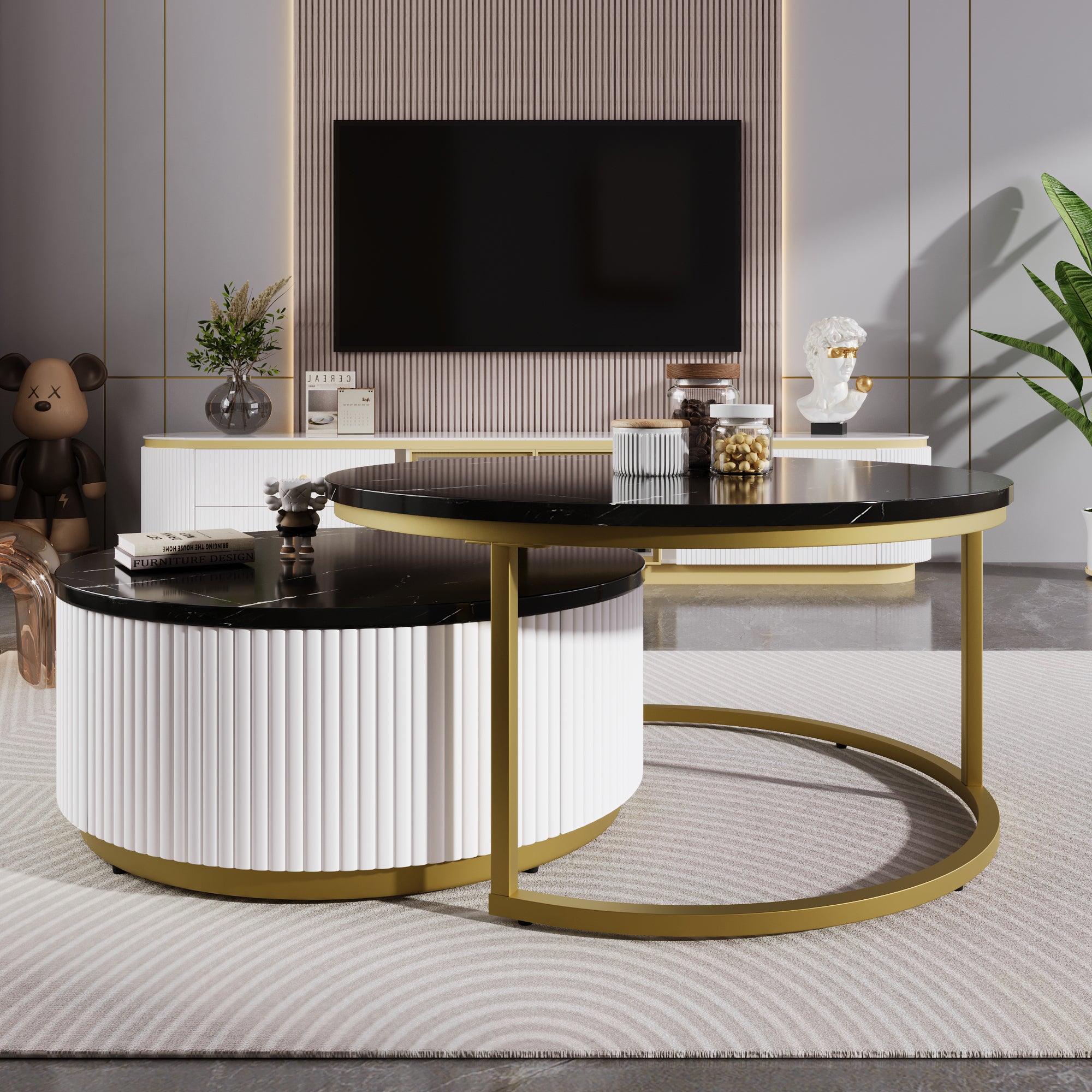 Modern Round Nesting Coffee Table Fluted with Drawer in Black & Gold in 27.6'