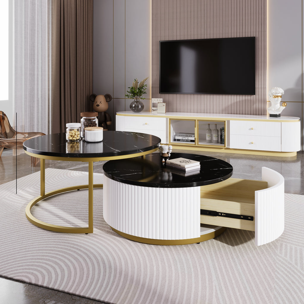 Modern Round Nesting Coffee Table Fluted with Drawer in Black & Gold in 27.6'