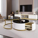 Modern Round Nesting Coffee Table Fluted with Drawer in Black & Gold in 27.6'