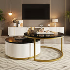 Modern Round Nesting Coffee Table Fluted with Drawer in Black & Gold in 27.6'