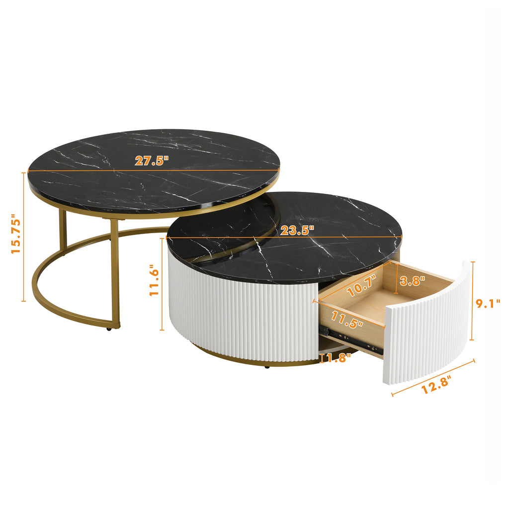 Modern Round Nesting Coffee Table Fluted with Drawer in Black & Gold in 27.6'