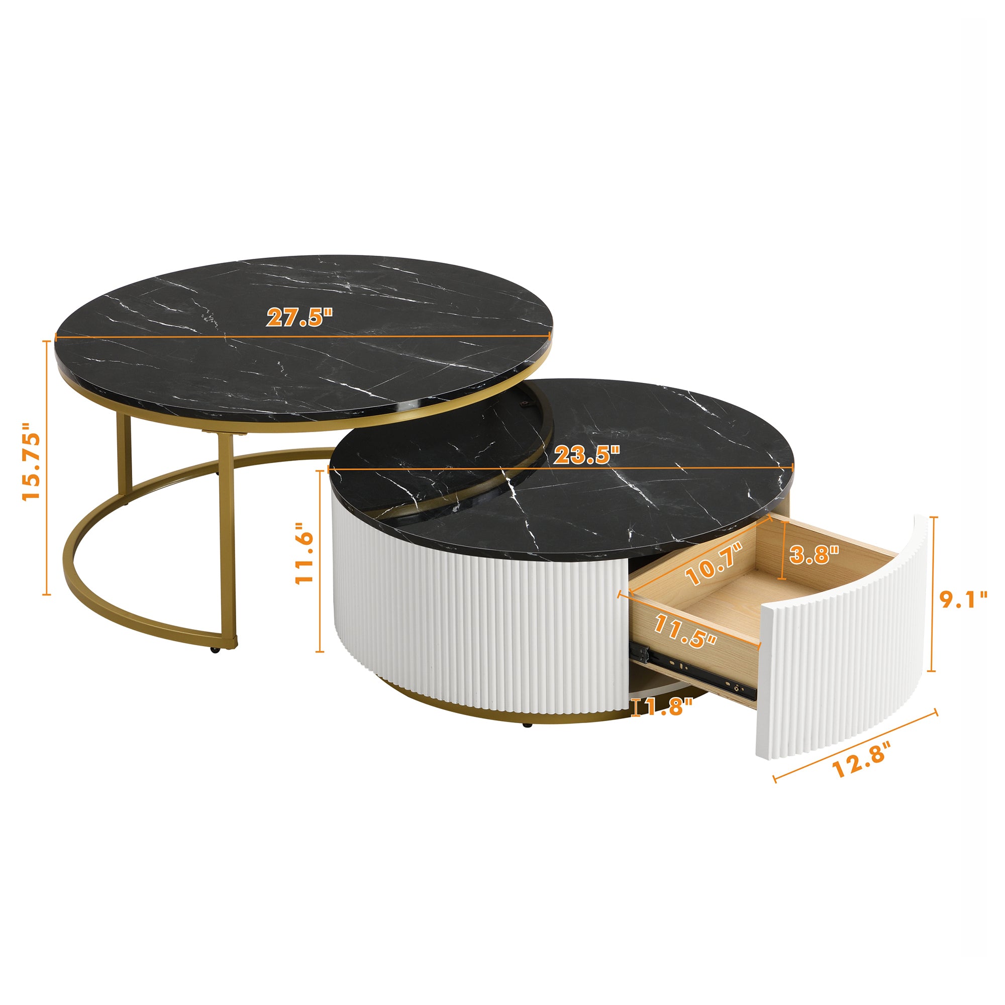 Modern Round Nesting Coffee Table Fluted with Drawer in Black & Gold in 27.6'
