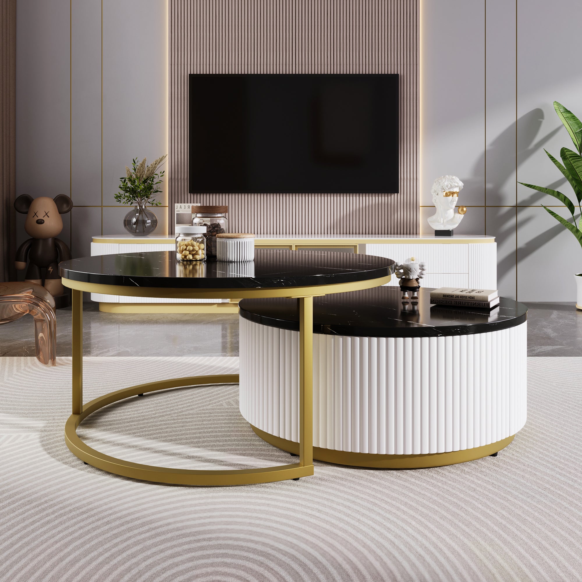 Modern Round Nesting Coffee Table Fluted with Drawer in Black & Gold in 27.6'