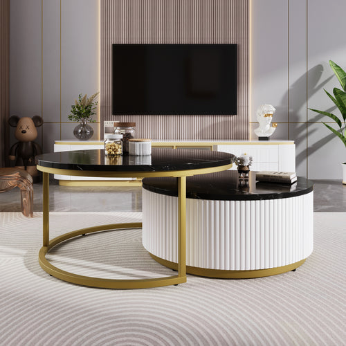 Modern Round Nesting Coffee Table Fluted with Drawer in Black & Gold in 27.6'