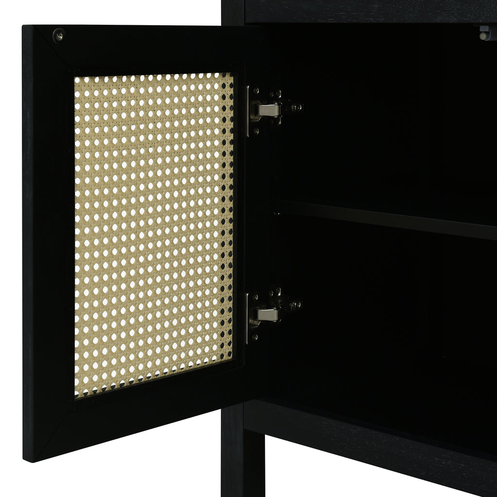 Black Bohemian Rattan Sideboard With Solid Wood Frame.