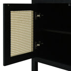 Black Bohemian Rattan Sideboard With Solid Wood Frame.