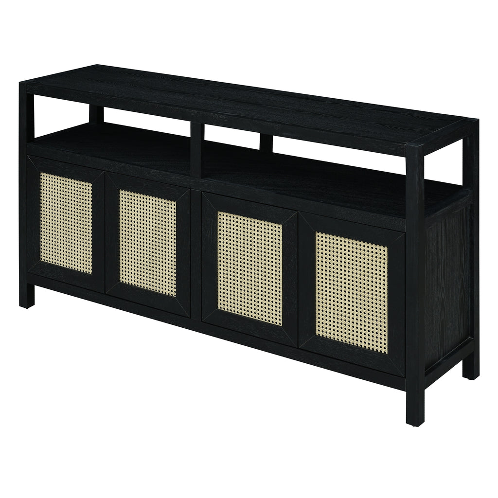 Black Bohemian Rattan Sideboard With Solid Wood Frame.