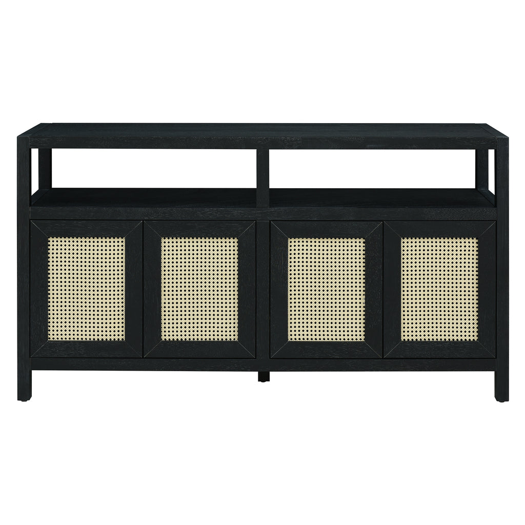 Black Bohemian Rattan Sideboard With Solid Wood Frame.
