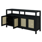 Black Bohemian Rattan Sideboard With Solid Wood Frame.