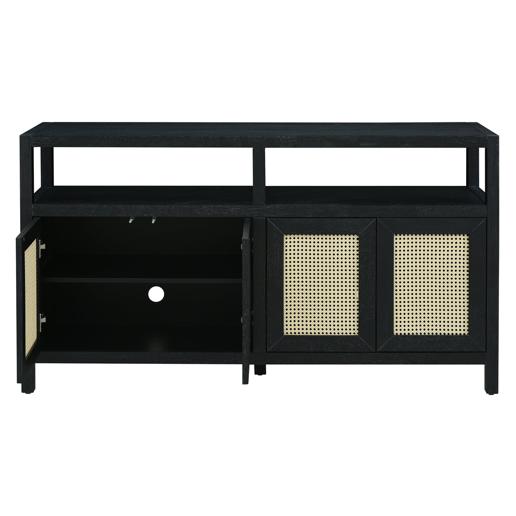 Black Bohemian Rattan Sideboard With Solid Wood Frame.