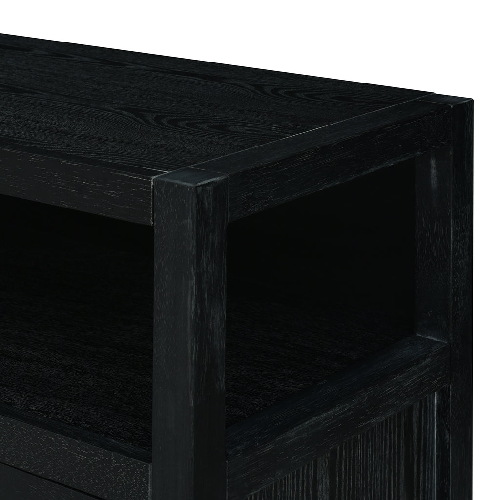 Black Bohemian Rattan Sideboard With Solid Wood Frame.