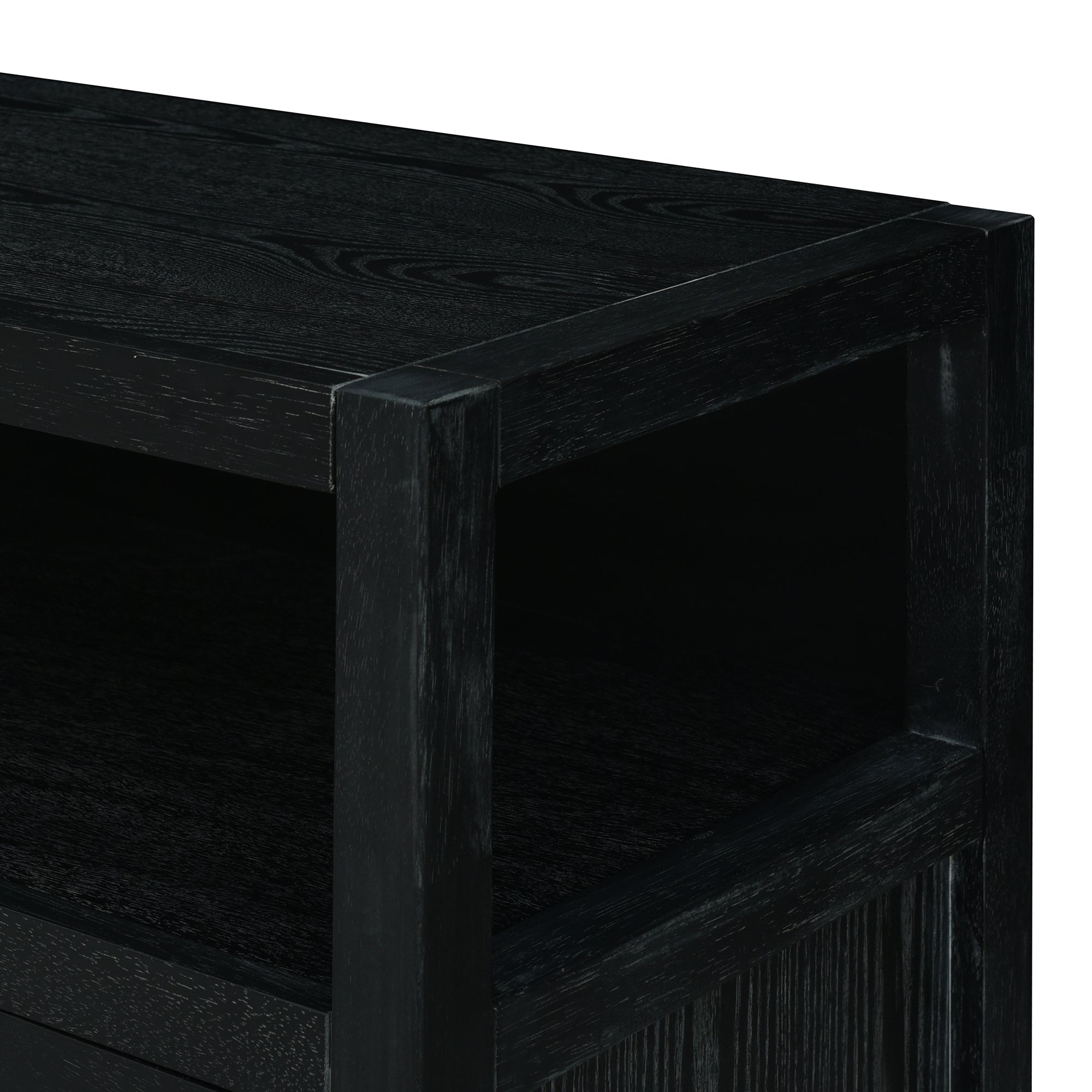 Black Bohemian Rattan Sideboard With Solid Wood Frame.