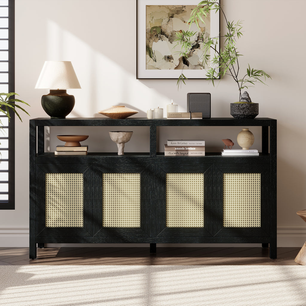 Black Bohemian Rattan Sideboard With Solid Wood Frame.