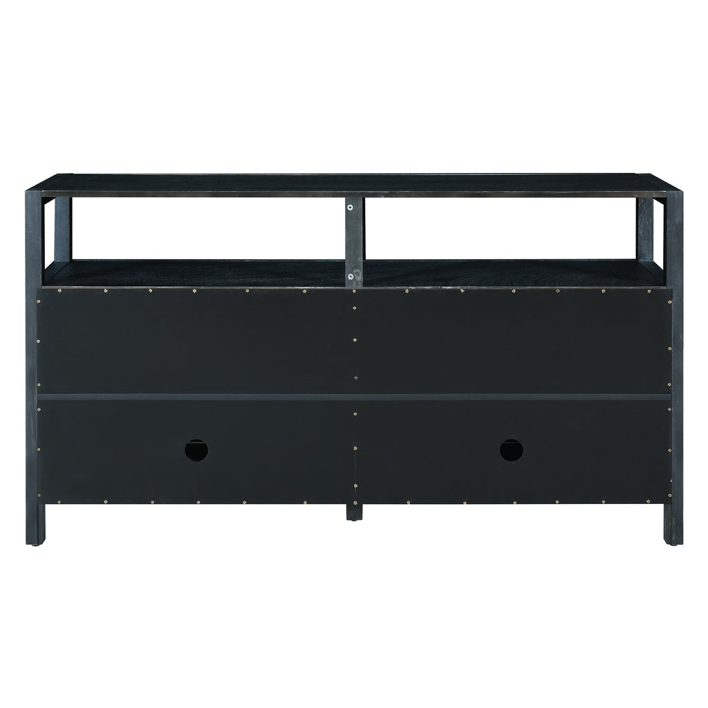 TREXM Bohemian Style Rattan Buffet Storage Cabinet with Solid Wood Frame, Sideboard with 3-position Adjustable Shelves for Living & Dining Rooms, No-Handle Push-to-Open Design (Black)