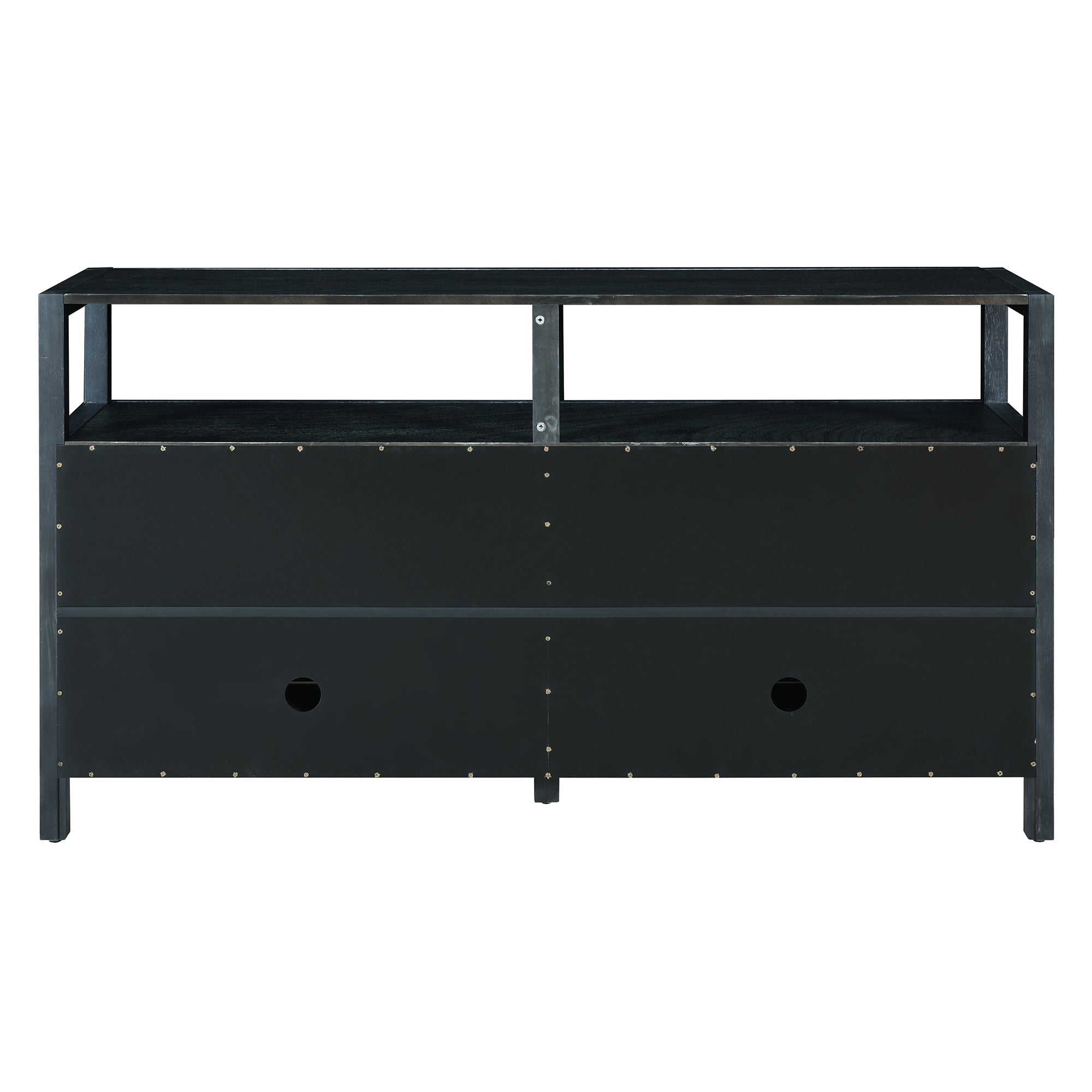 TREXM Bohemian Style Rattan Buffet Storage Cabinet with Solid Wood Frame, Sideboard with 3-position Adjustable Shelves for Living & Dining Rooms, No-Handle Push-to-Open Design (Black)