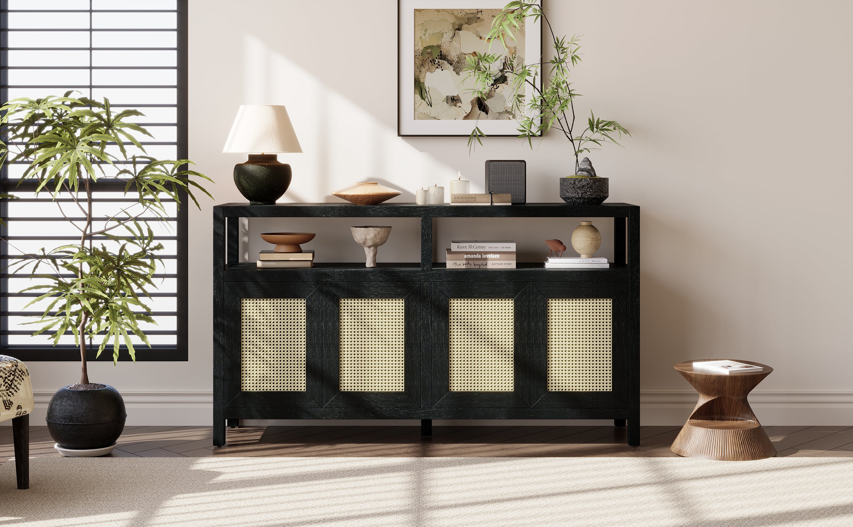 TREXM Bohemian Style Rattan Buffet Storage Cabinet with Solid Wood Frame, Sideboard with 3-position Adjustable Shelves for Living & Dining Rooms, No-Handle Push-to-Open Design (Black)