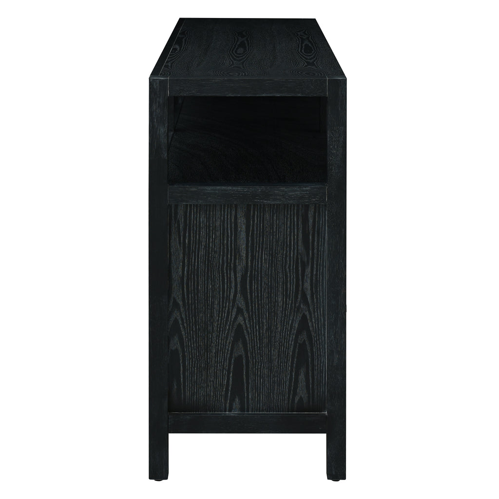 TREXM Bohemian Style Rattan Buffet Storage Cabinet with Solid Wood Frame, Sideboard with 3-position Adjustable Shelves for Living & Dining Rooms, No-Handle Push-to-Open Design (Black)