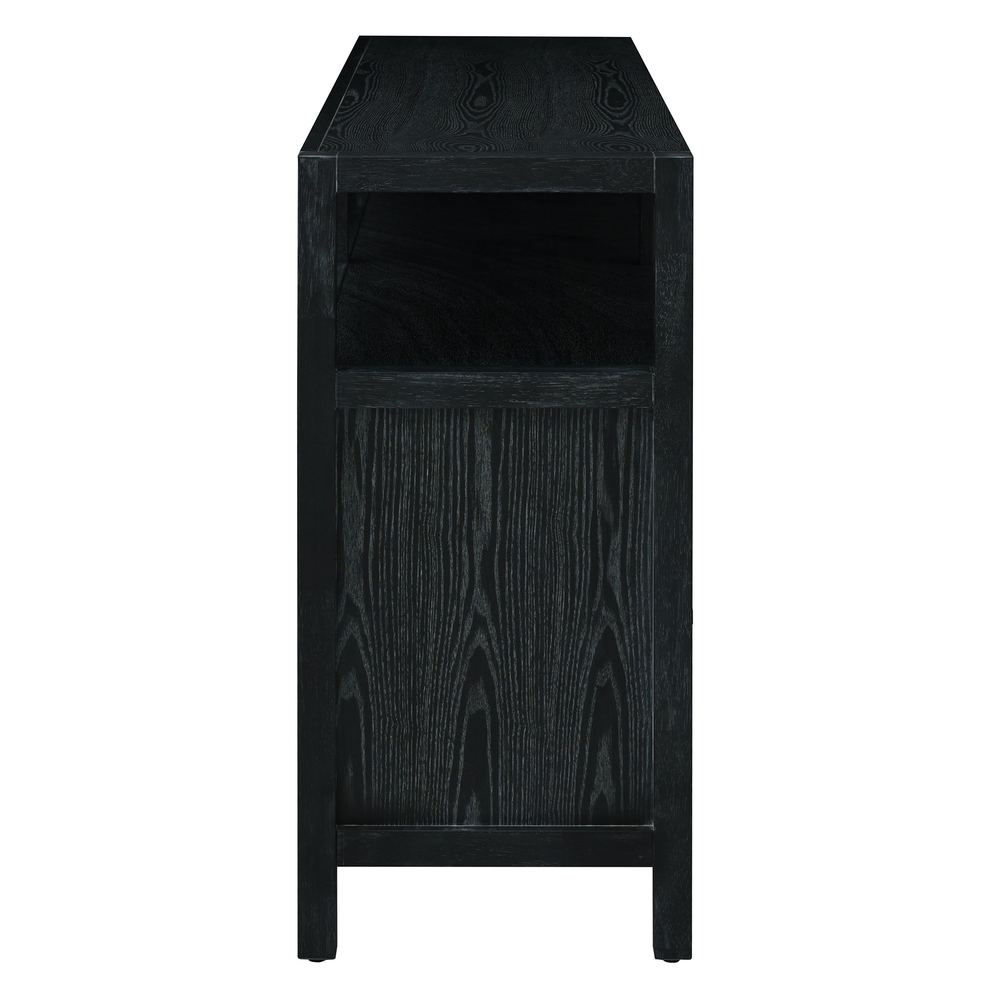 TREXM Bohemian Style Rattan Buffet Storage Cabinet with Solid Wood Frame, Sideboard with 3-position Adjustable Shelves for Living & Dining Rooms, No-Handle Push-to-Open Design (Black)