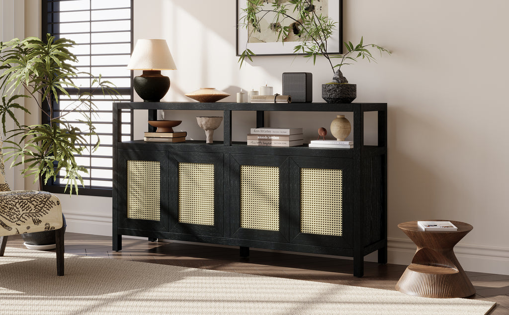 TREXM Bohemian Style Rattan Buffet Storage Cabinet with Solid Wood Frame, Sideboard with 3-position Adjustable Shelves for Living & Dining Rooms, No-Handle Push-to-Open Design (Black)