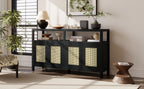 TREXM Bohemian Style Rattan Buffet Storage Cabinet with Solid Wood Frame, Sideboard with 3-position Adjustable Shelves for Living & Dining Rooms, No-Handle Push-to-Open Design (Black)
