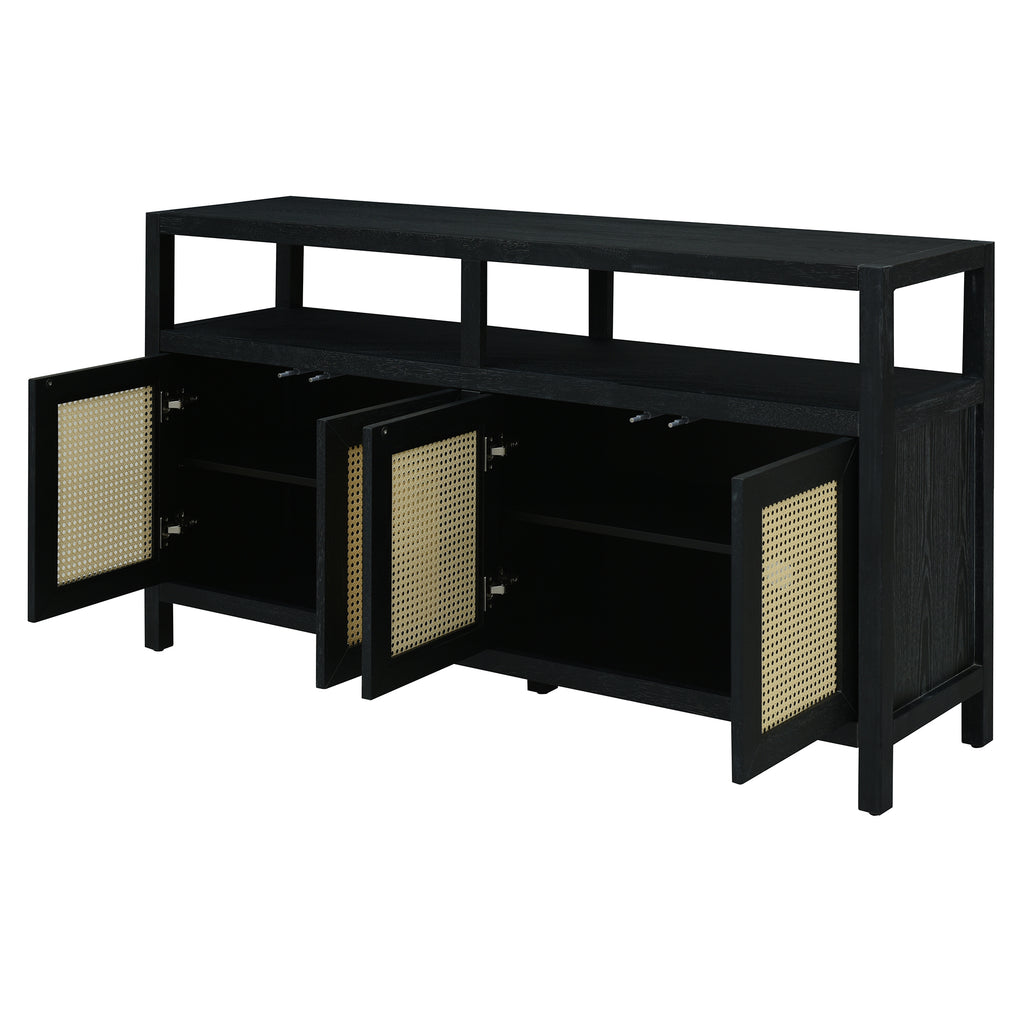 TREXM Bohemian Style Rattan Buffet Storage Cabinet with Solid Wood Frame, Sideboard with 3-position Adjustable Shelves for Living & Dining Rooms, No-Handle Push-to-Open Design (Black)