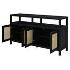 TREXM Bohemian Style Rattan Buffet Storage Cabinet with Solid Wood Frame, Sideboard with 3-position Adjustable Shelves for Living & Dining Rooms, No-Handle Push-to-Open Design (Black)