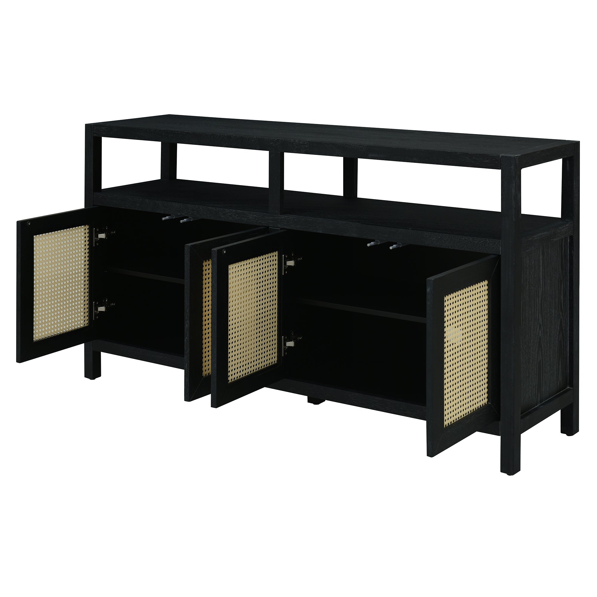 TREXM Bohemian Style Rattan Buffet Storage Cabinet with Solid Wood Frame, Sideboard with 3-position Adjustable Shelves for Living & Dining Rooms, No-Handle Push-to-Open Design (Black)