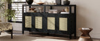 TREXM Bohemian Style Rattan Buffet Storage Cabinet with Solid Wood Frame, Sideboard with 3-position Adjustable Shelves for Living & Dining Rooms, No-Handle Push-to-Open Design (Black)