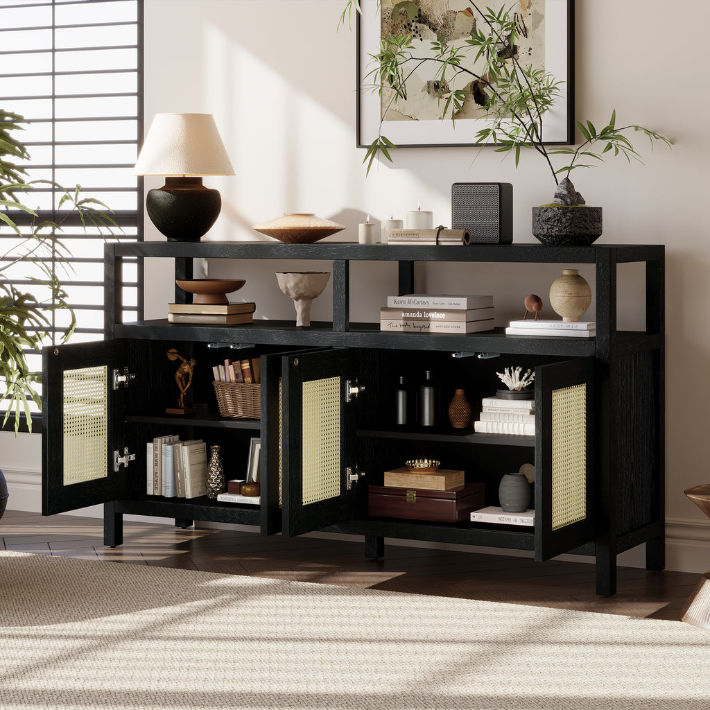 Black Bohemian Rattan Sideboard With Solid Wood Frame.