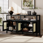 Black Bohemian Rattan Sideboard With Solid Wood Frame.