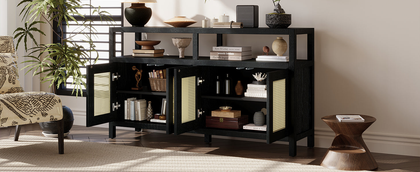 TREXM Bohemian Style Rattan Buffet Storage Cabinet with Solid Wood Frame, Sideboard with 3-position Adjustable Shelves for Living & Dining Rooms, No-Handle Push-to-Open Design (Black)