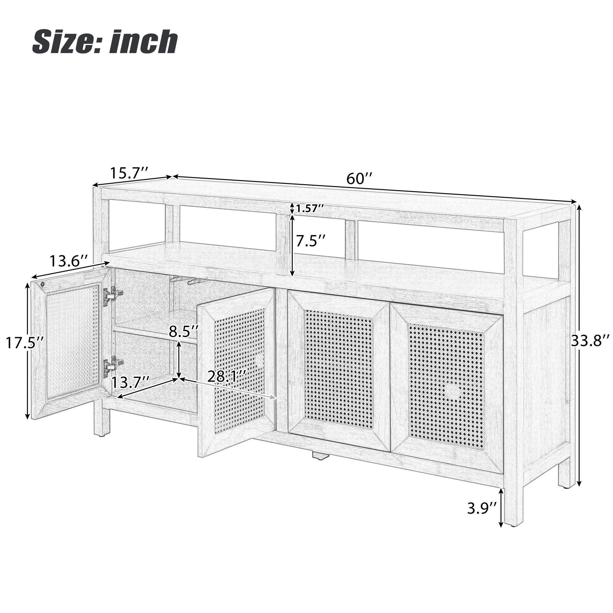 TREXM Bohemian Style Rattan Buffet Storage Cabinet with Solid Wood Frame, Sideboard with 3-position Adjustable Shelves for Living & Dining Rooms, No-Handle Push-to-Open Design (Black)
