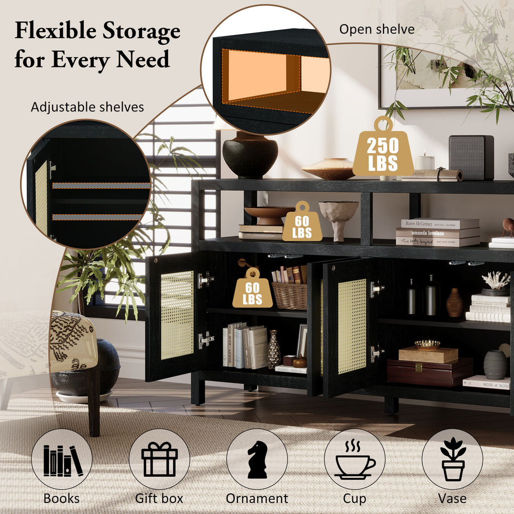 Black Bohemian Rattan Sideboard With Solid Wood Frame.