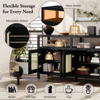 Black Bohemian Rattan Sideboard With Solid Wood Frame.