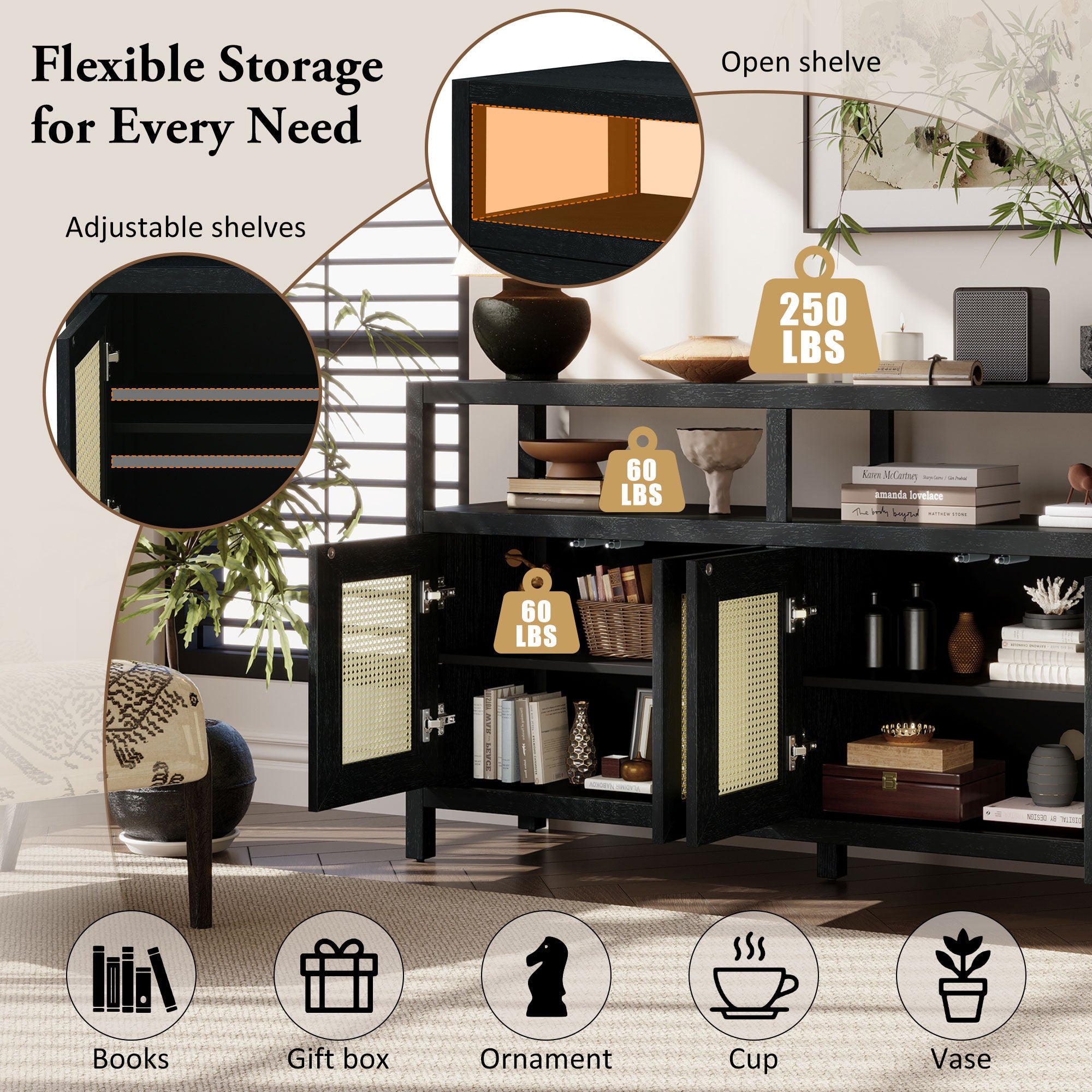 TREXM Bohemian Style Rattan Buffet Storage Cabinet with Solid Wood Frame, Sideboard with 3-position Adjustable Shelves for Living & Dining Rooms, No-Handle Push-to-Open Design (Black)