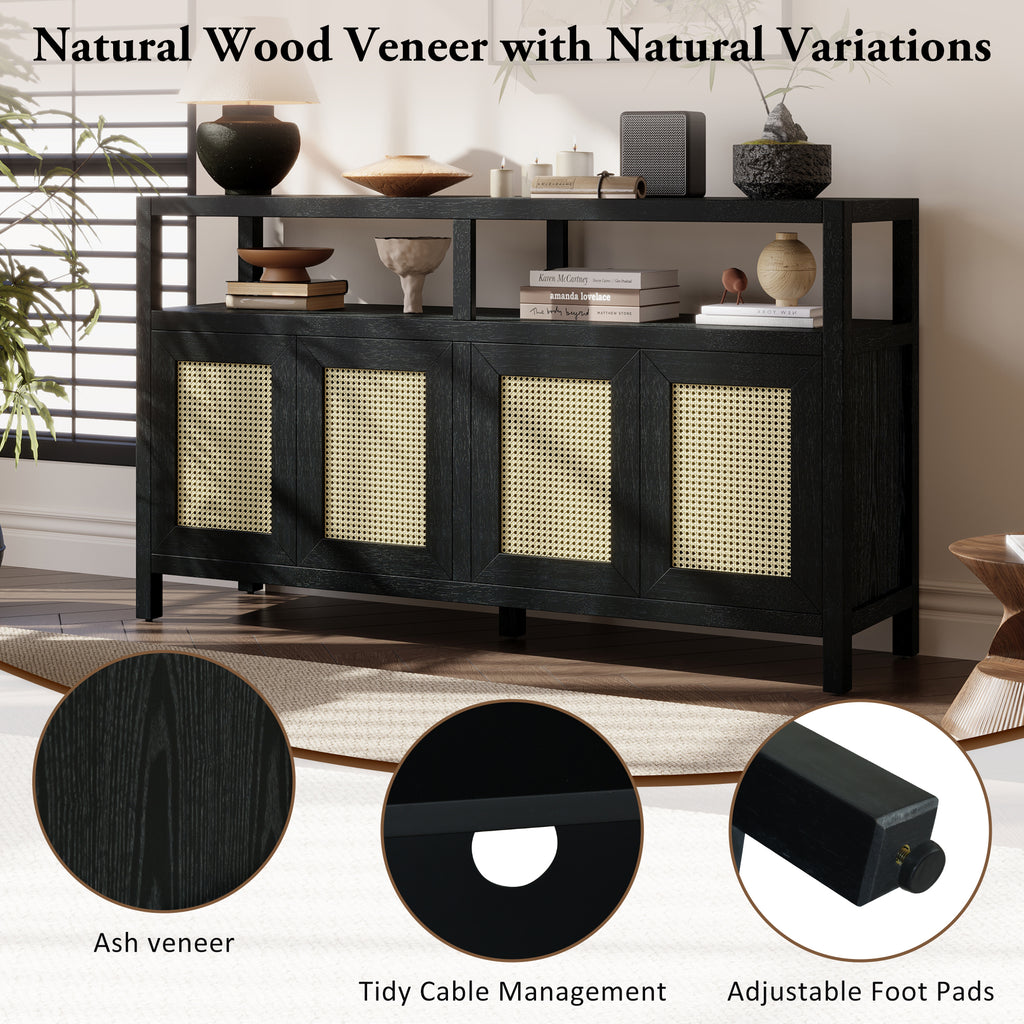 Black Bohemian Rattan Sideboard With Solid Wood Frame.