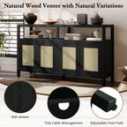 Black Bohemian Rattan Sideboard With Solid Wood Frame.