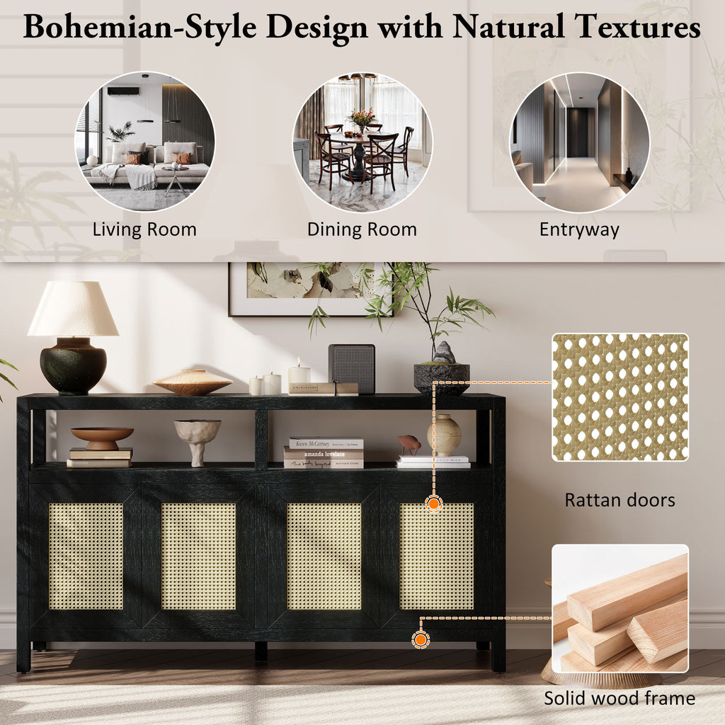 Black Bohemian Rattan Sideboard With Solid Wood Frame.