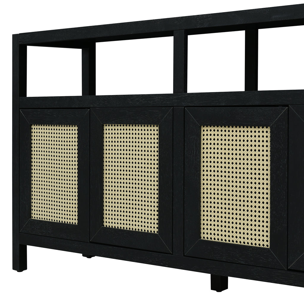 Black Bohemian Rattan Sideboard With Solid Wood Frame.