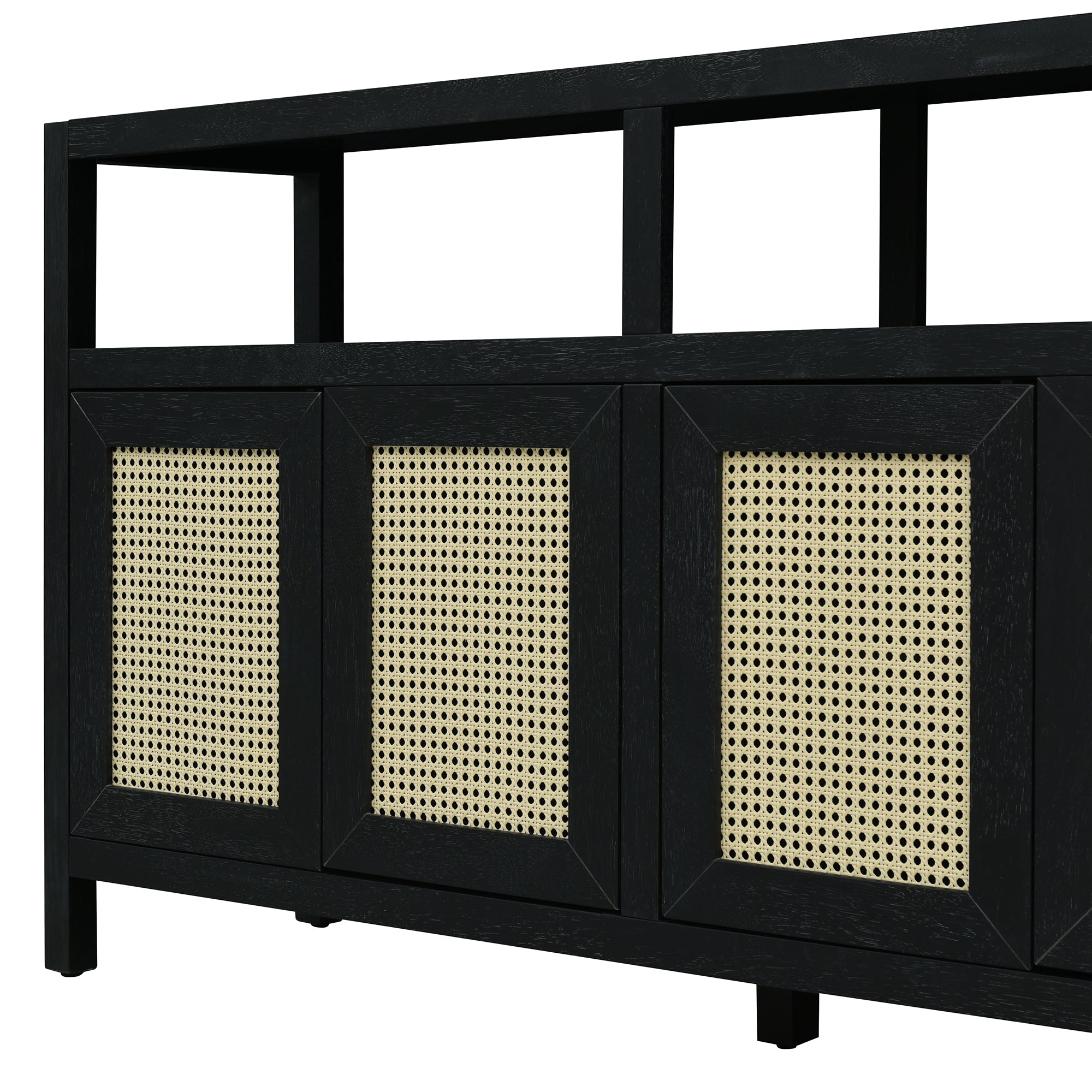 Black Bohemian Rattan Sideboard With Solid Wood Frame.