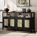 Black Bohemian Rattan Sideboard With Solid Wood Frame.