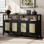 Black Bohemian Rattan Sideboard With Solid Wood Frame.