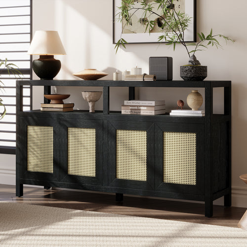 TREXM Bohemian Style Rattan Buffet Storage Cabinet with Solid Wood Frame, Sideboard with 3-position Adjustable Shelves for Living & Dining Rooms, No-Handle Push-to-Open Design (Black)