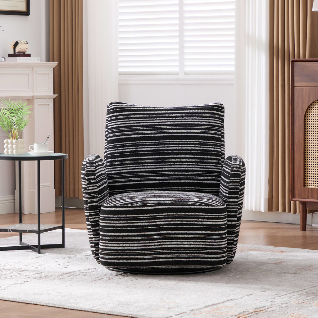 Modern Style 360° Swivel Leisure Chair Fabric Striped Armrest Swivel Chair with sand-rimmed fabric and metal bracket, suitable for living room, balcony and bedroom Accent Chair