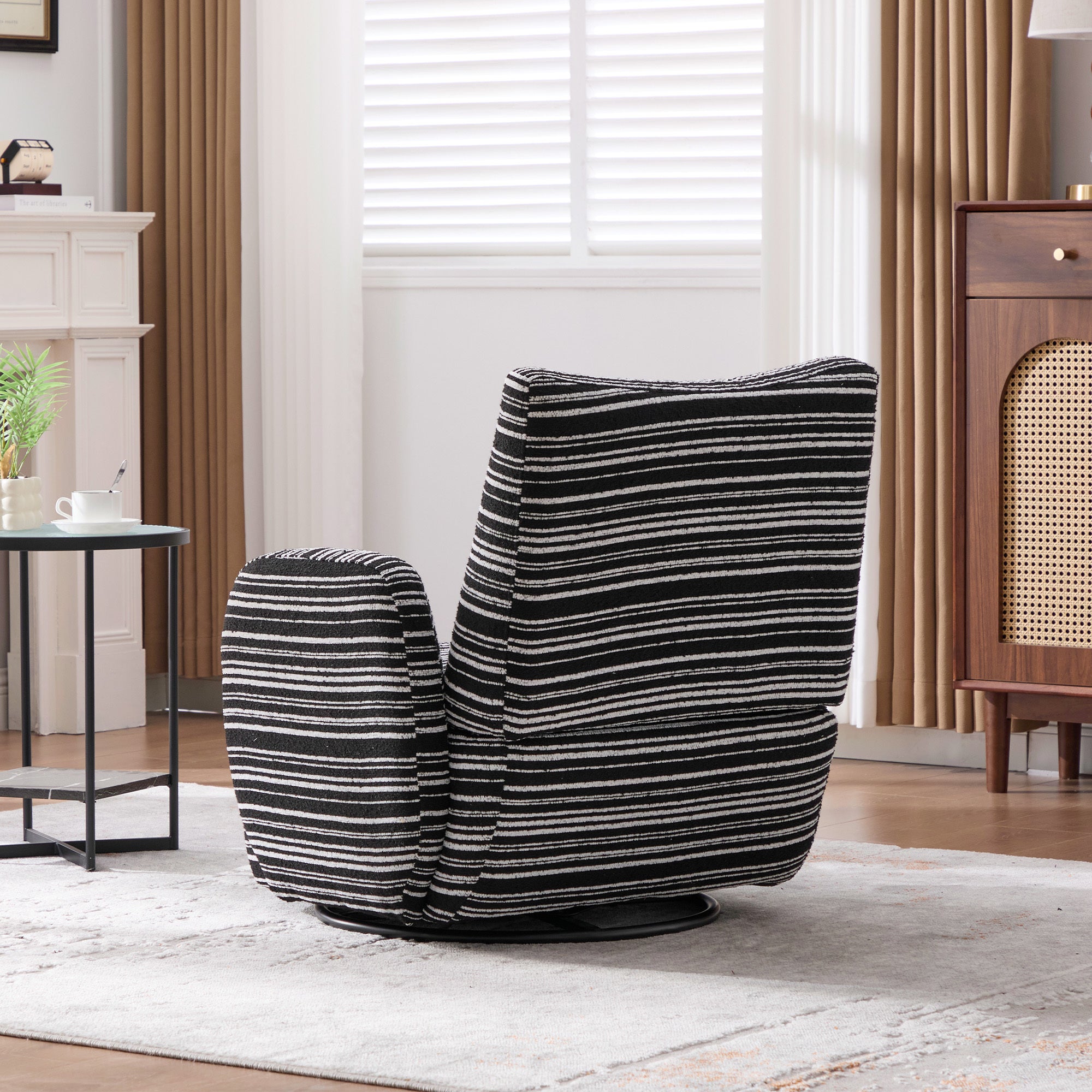 Modern Style 360° Swivel Leisure Chair Fabric Striped Armrest Swivel Chair with sand-rimmed fabric and metal bracket, suitable for living room, balcony and bedroom Accent Chair