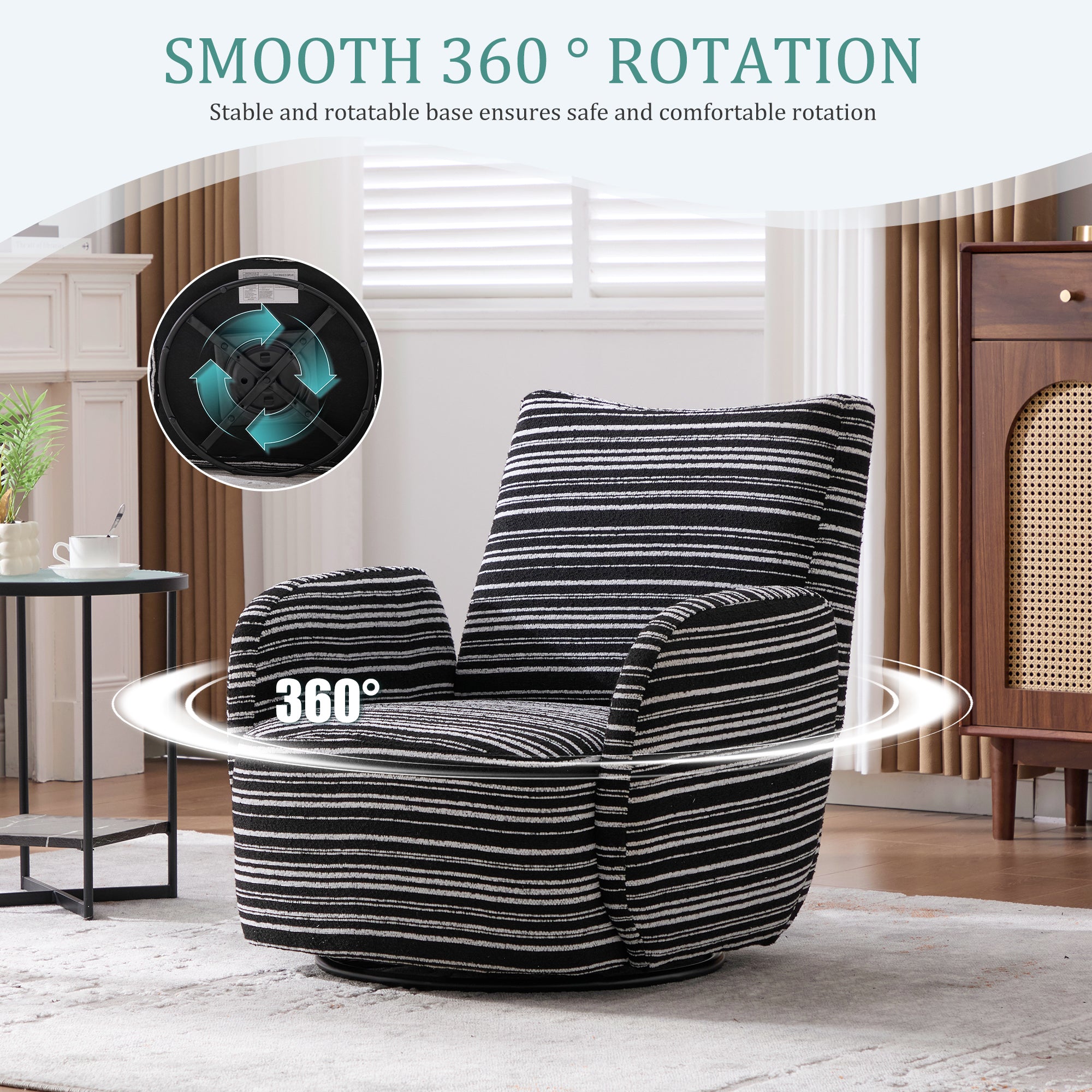 Modern Style 360° Swivel Leisure Chair Fabric Striped Armrest Swivel Chair with sand-rimmed fabric and metal bracket, suitable for living room, balcony and bedroom Accent Chair