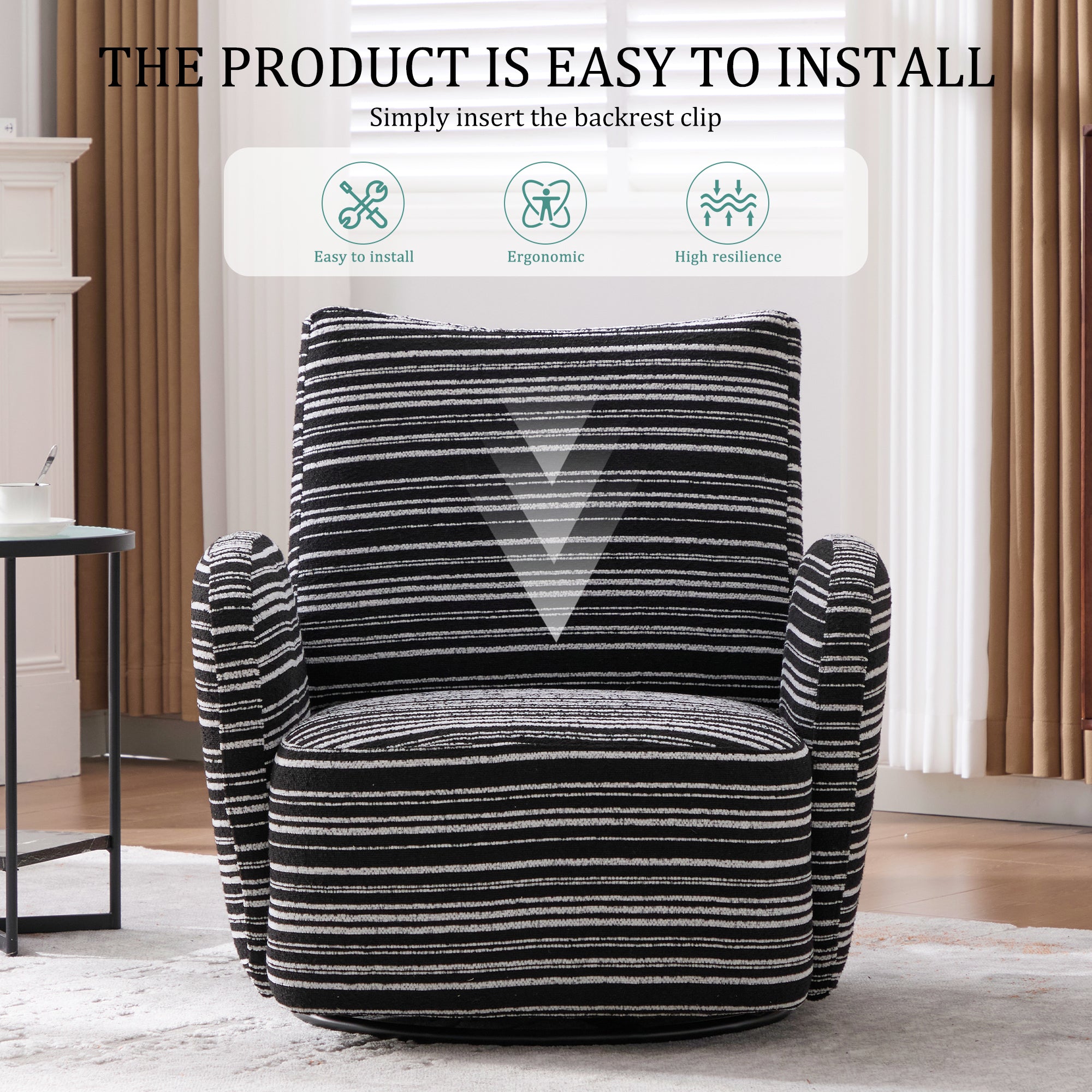 Modern Style 360° Swivel Leisure Chair Fabric Striped Armrest Swivel Chair with sand-rimmed fabric and metal bracket, suitable for living room, balcony and bedroom Accent Chair